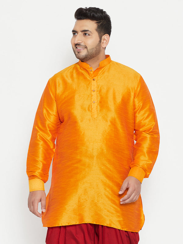 Jashvi Men's Plus Size Orange Silk Blend Curved Kurta