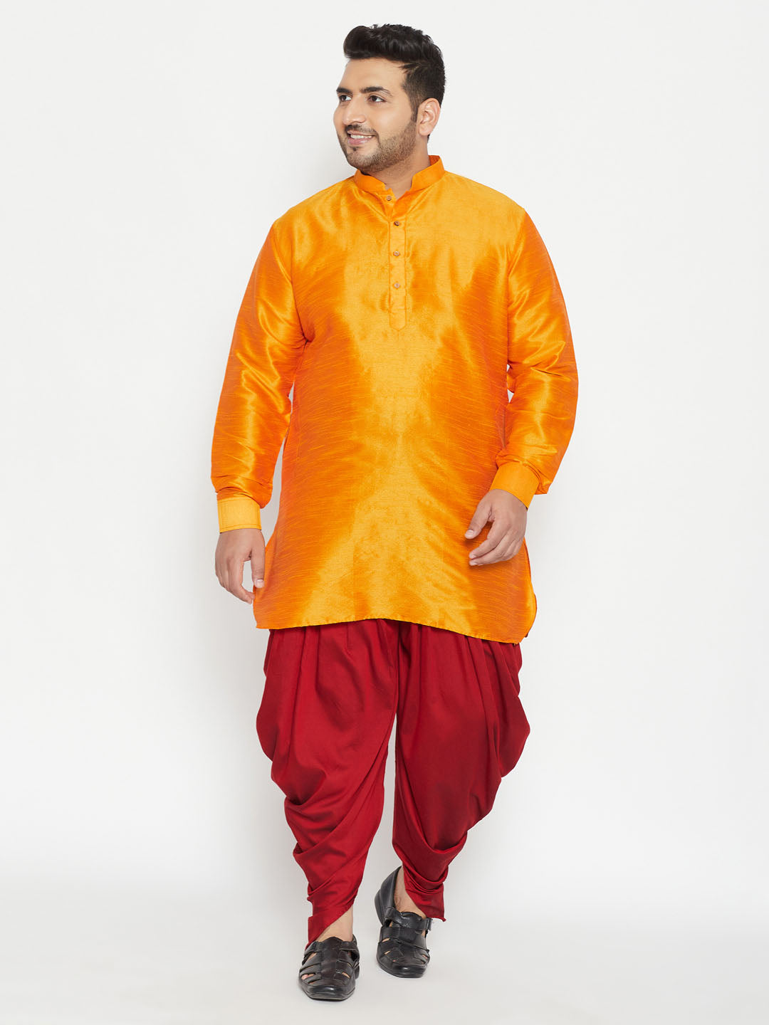 Men's Plus Orange And Maroon Silk Blend Kurta And Dhoti Set - Vastramay