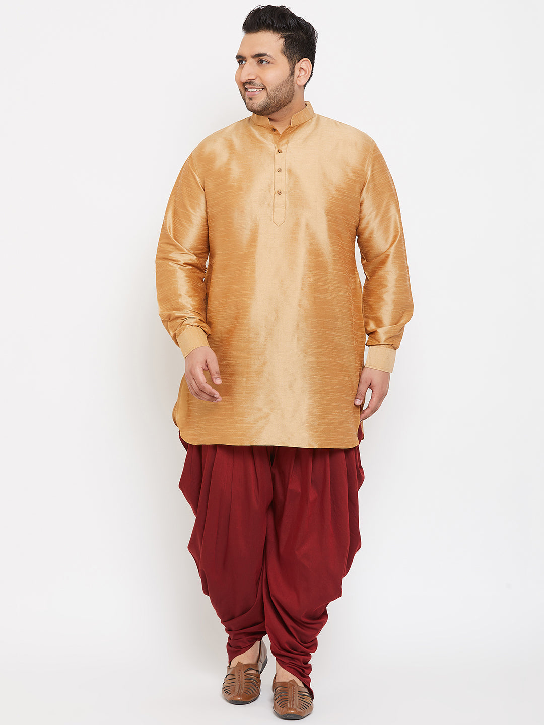 Men's Plus Rose Gold And Maroon Silk Blend Kurta And Dhoti Set - Vastramay