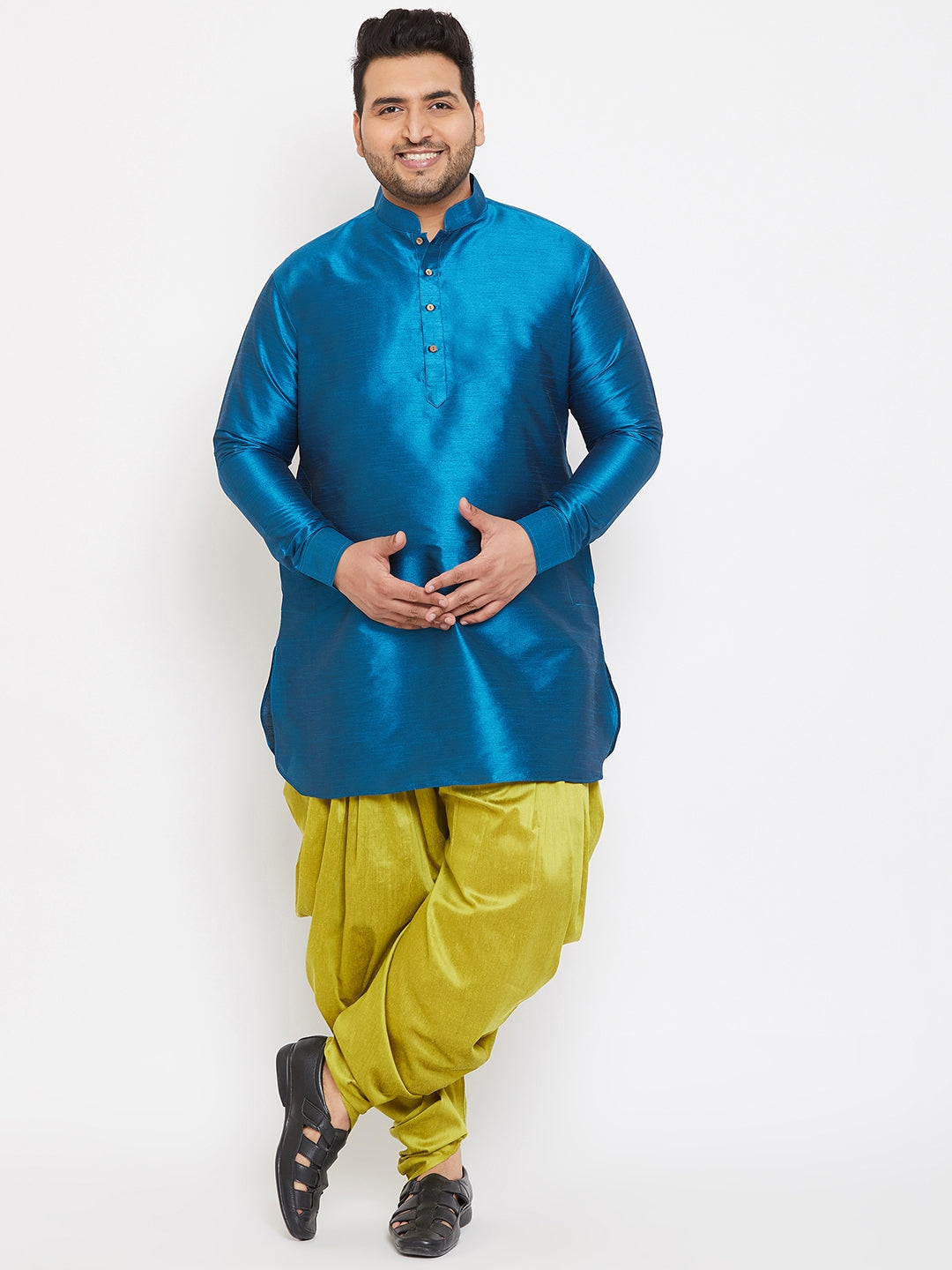 Men's Plus Turquoise And Cyan Green Silk Blend Kurta And Dhoti Set - Vastramay