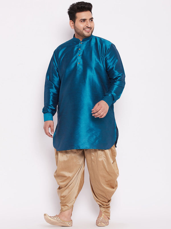 Jashvi Men's Plus Size Turquoise Silk Blend Curved Kurta Dhoti Set