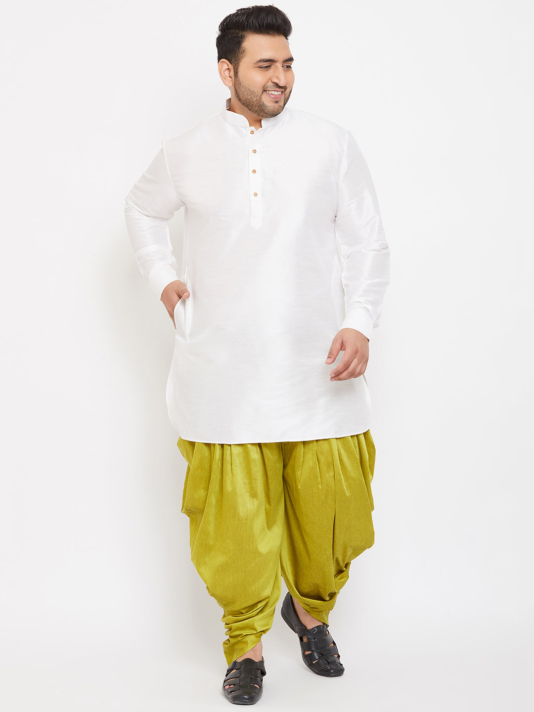 Men's Plus White And Cyan Green Silk Blend Kurta And Dhoti Set - Vastramay