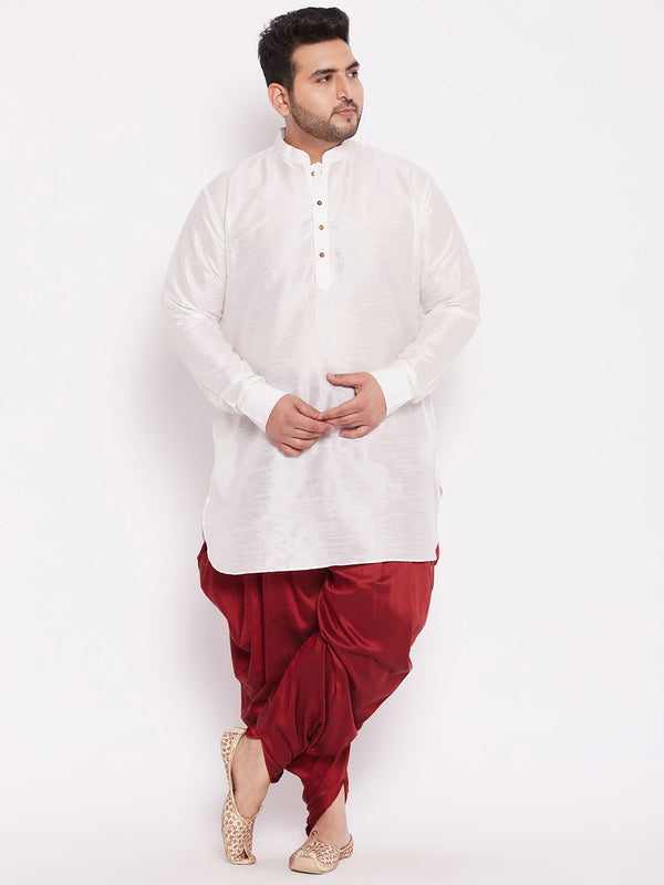 Jashvi Men's Plus Size White Silk Blend Curved Kurta Dhoti Set