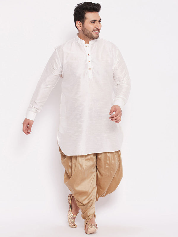 Jashvi Men's Plus Size White Silk Blend Curved Kurta Dhoti Set