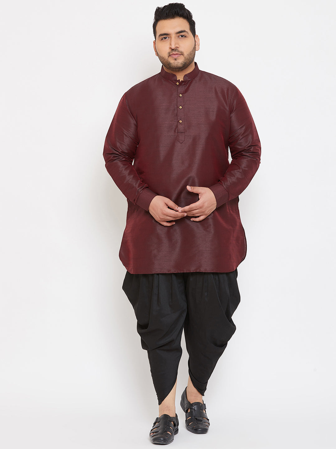 Men's Plus Wine And Black Silk Blend Kurta And Dhoti Set - Vastramay