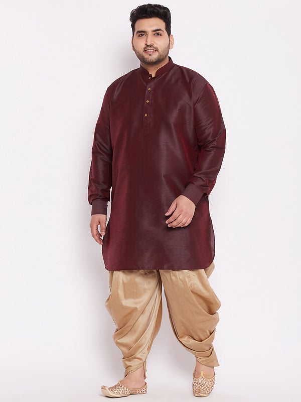 Jashvi Men's Plus Size Wine Silk Blend Curved Kurta Dhoti Set