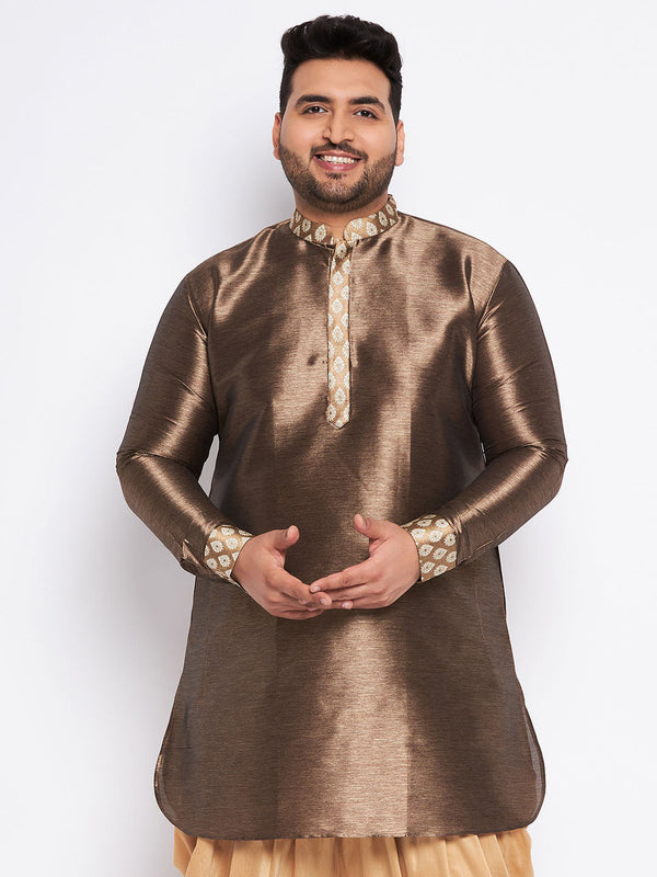 Jashvi Men's Plus Size Gold Silk Blend Curved Kurta