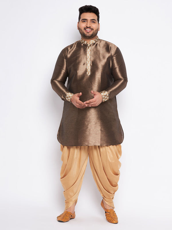 Jashvi Men's Plus Size Gold Silk Blend Curved Kurta And Dhoti Set