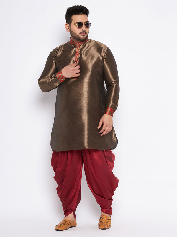 Jashvi Men's Plus Size Maroon Silk Blend Curved Kurta And Dhoti Set