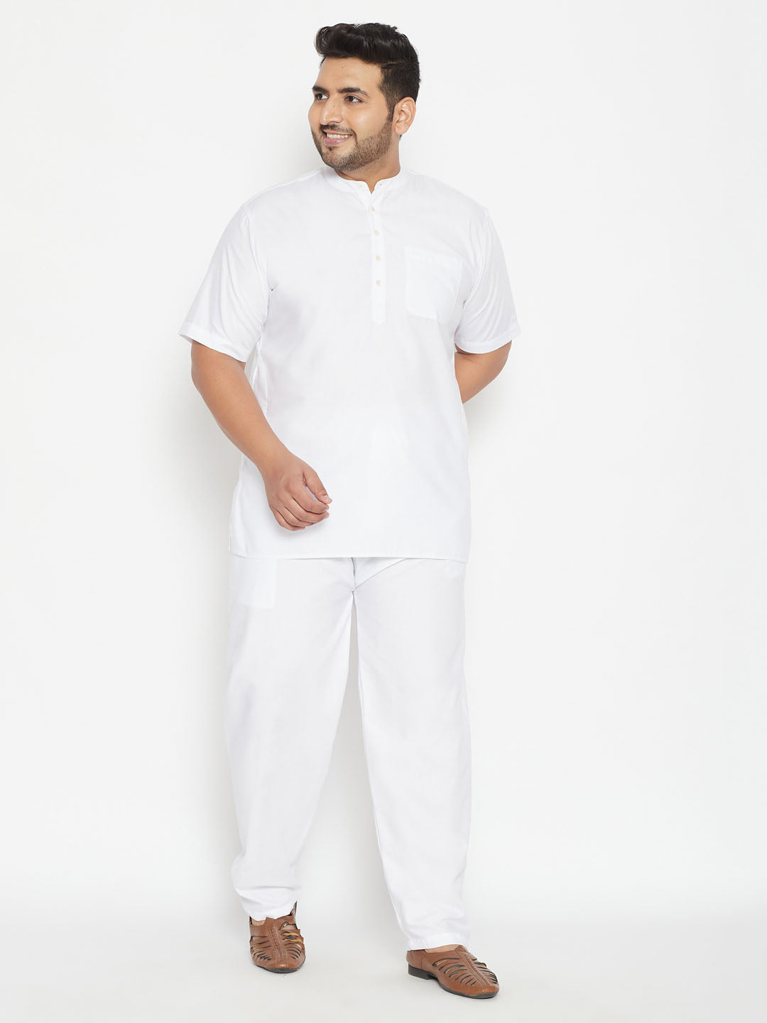 Men's Plus White Cotton Blend Short Kurta And Salwar - Vastramay