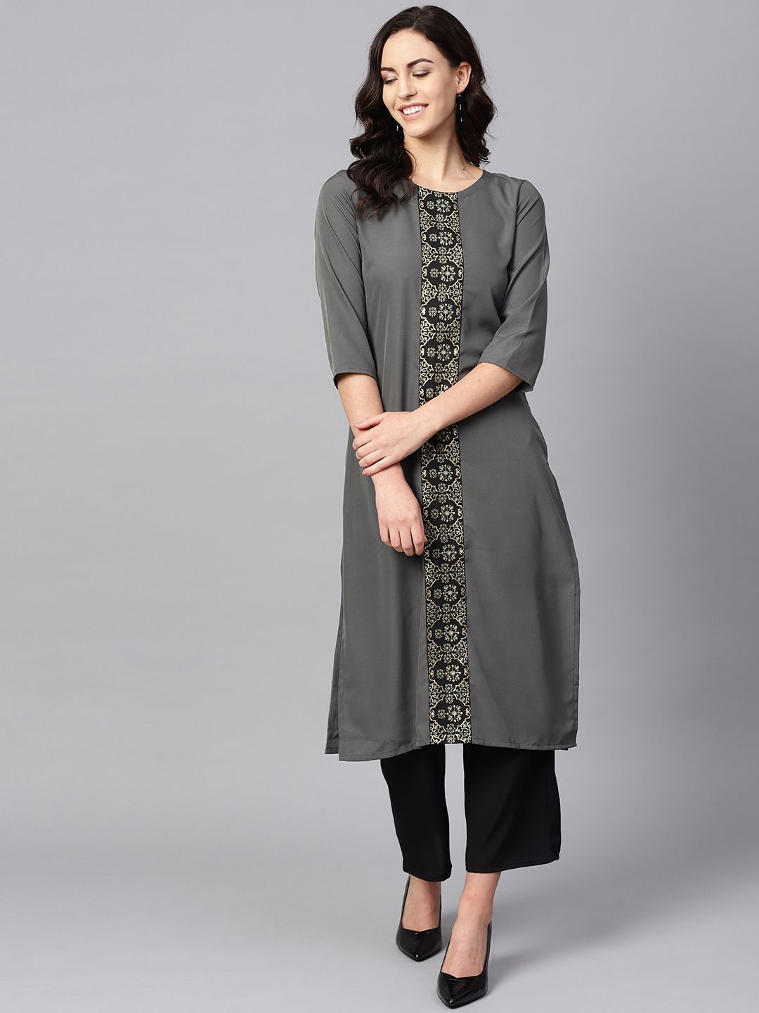 Women's Grey Color Foil Print Straight Crepe Kurta by Ziyaa