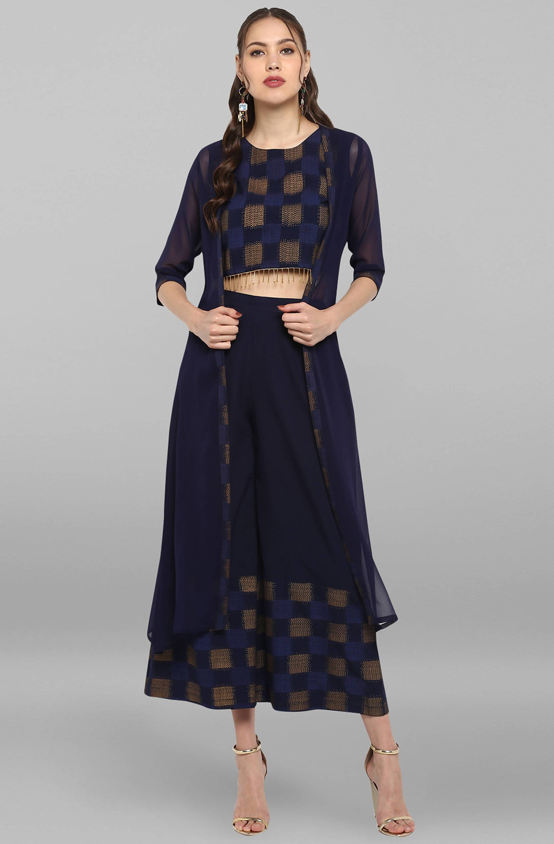 Women's Navy Blue Poly Crepe Top With Palazzo And Jacket - Janasya