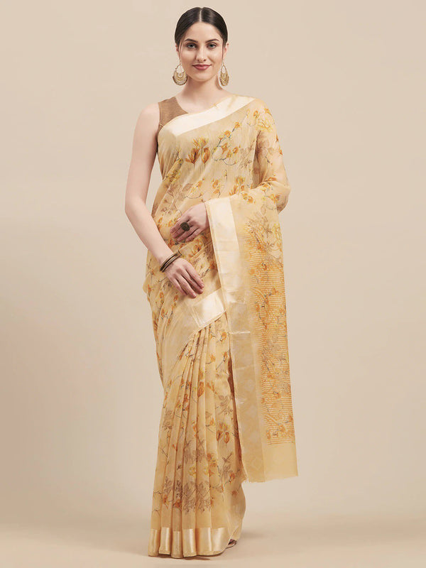 Women's Yellow Cotton Blend Printed Saree - Ahika