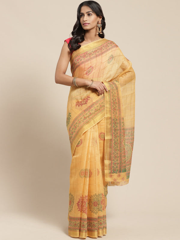 Women's Beige Cotton Blend Printed Saree - Ahika