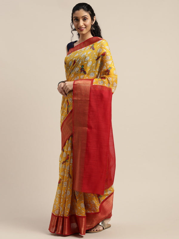 Women's Yellow Art Silk Printed Saree - Ahika