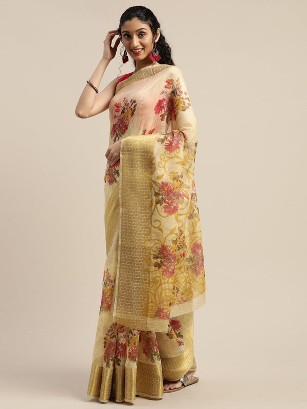 Women's Beige Art Silk Printed Saree - Ahika