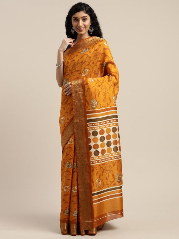 Women's Yellow Art Silk Printed Saree - Ahika