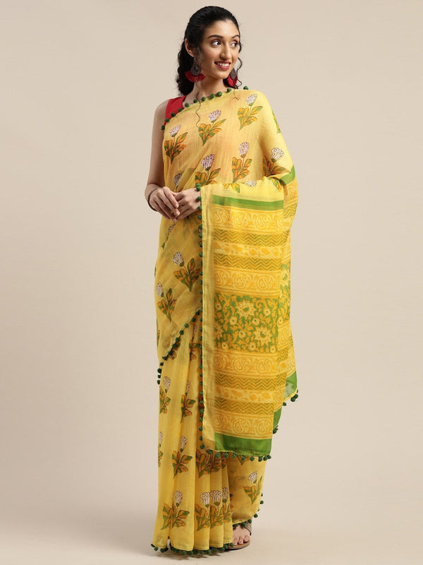 Women's Yellow Art Silk Printed Saree - Ahika