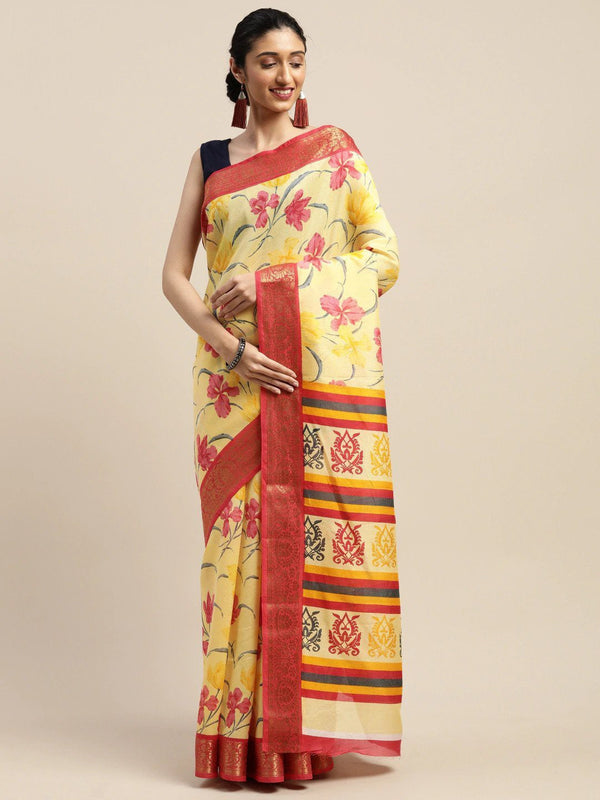 Women's Yellow Art Silk Printed Saree - Ahika