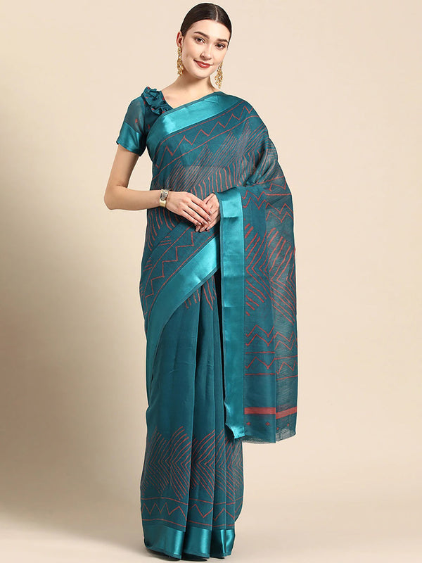 Women's Blue Art Silk Printed Saree - Ahika