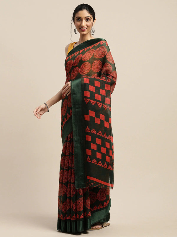 Women's Green Art Silk Printed Saree - Ahika