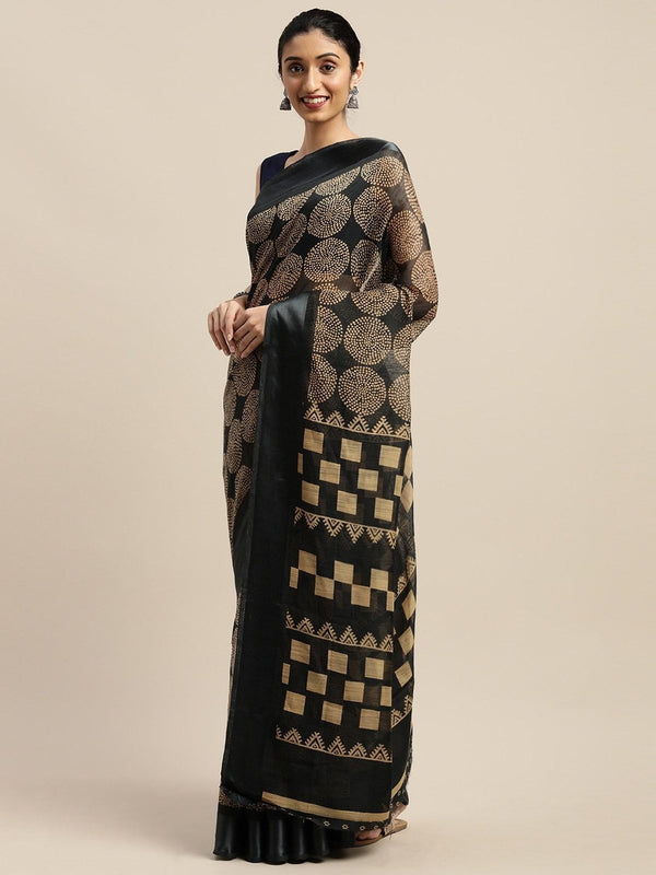 Women's Black Art Silk Printed Saree - Ahika