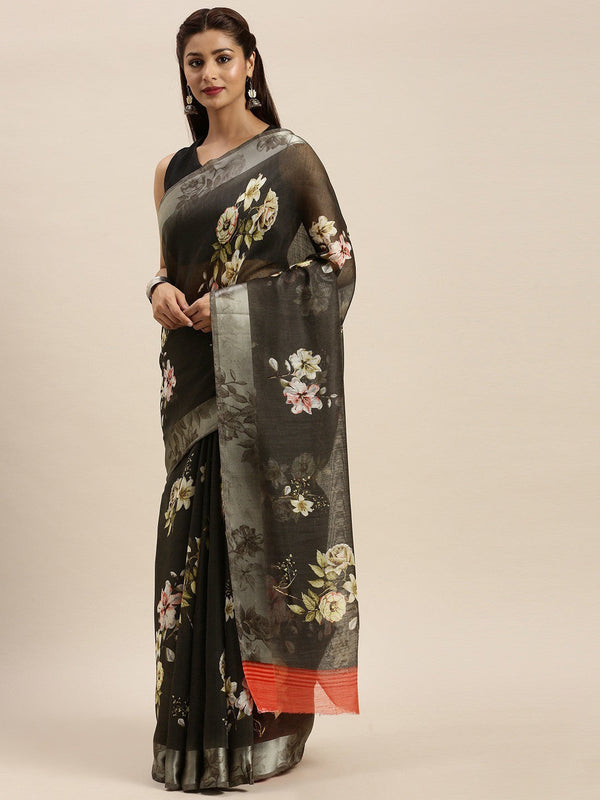 Women's Black Art Silk Printed Saree - Ahika