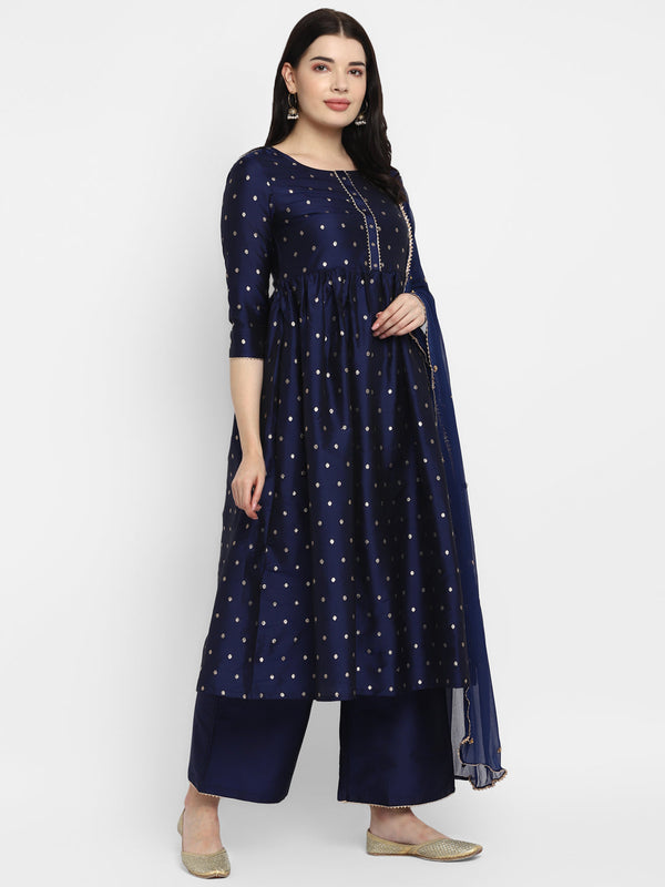 Women's Navy Blue Color Polyster blend self Design Kurta Pant With Dupatta  - VAABA