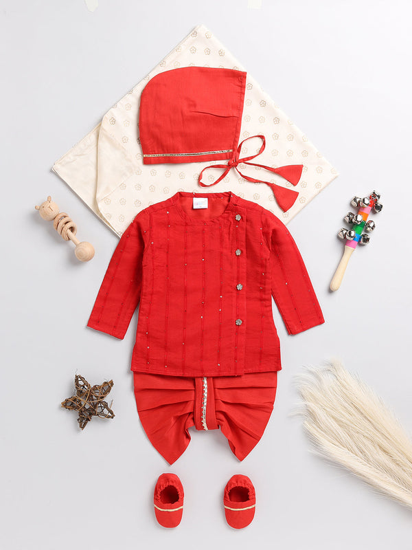 Jashvi Boys Red Chanderi  Ethnic Combo Set