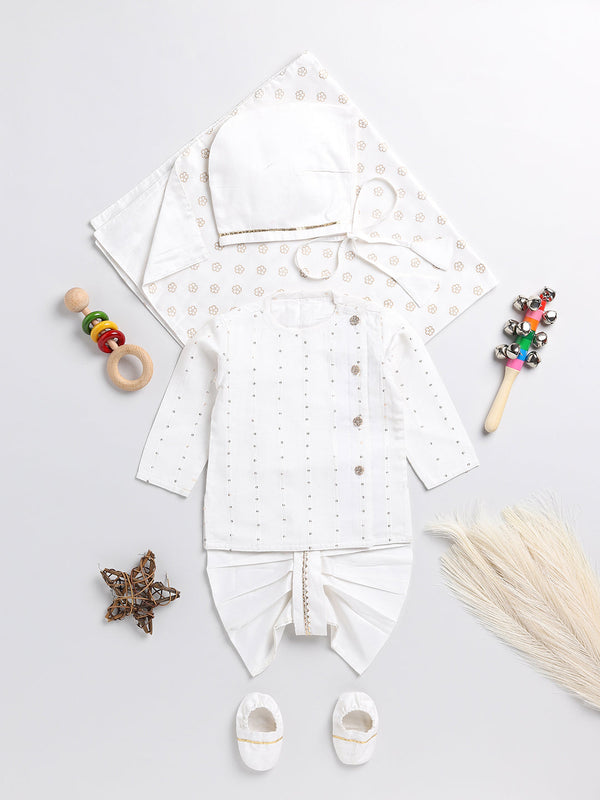 Jashvi Boys White Chanderi  Ethnic Combo Set