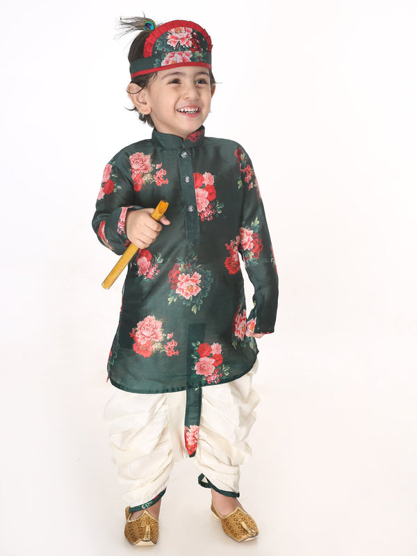 Jashvi Boys Multicolor-Base-Green Cotton Blend Kurta and Dhoti Set