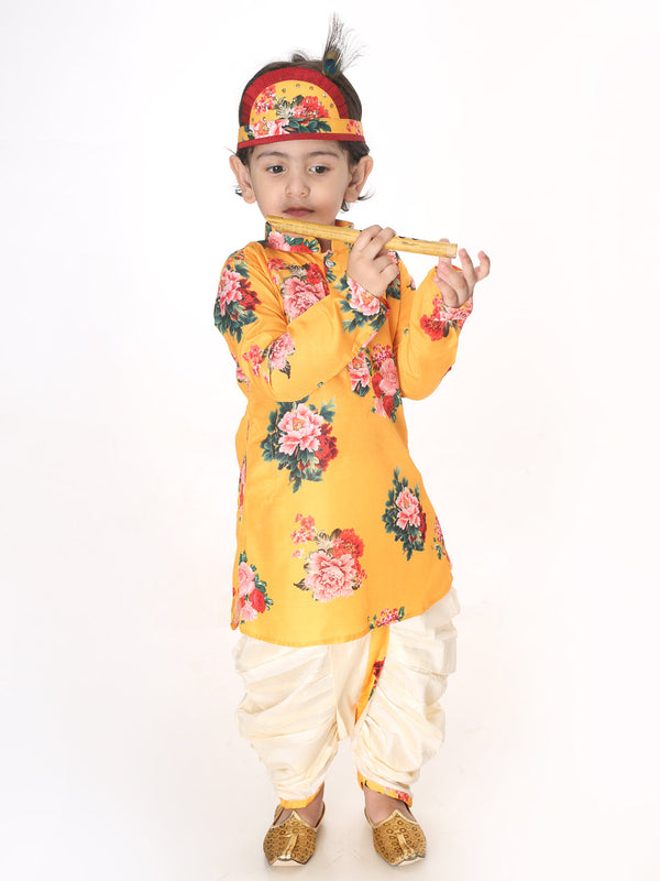 Jashvi Boys Multicolor-Base-Yellow Cotton Blend Kurta and Dhoti Set