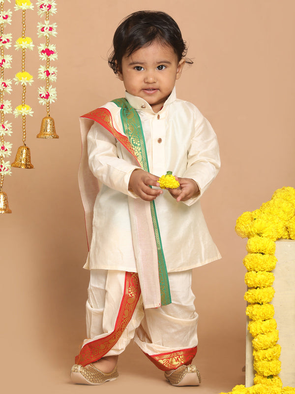 Jashvi Boy's Cream-Colored Kurta With Dhoti Pants & Dupatta Set