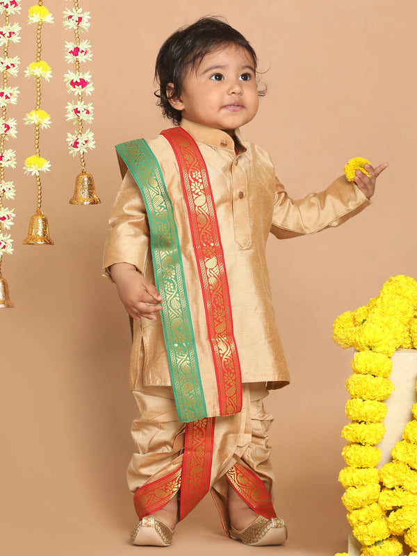 Jashvi Boy's Rose Gold Kurta with Dhoti Pants & With Dupatta Set