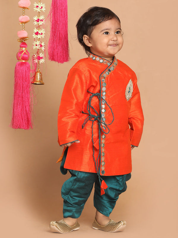 Jashvi SISHU Boys Orange Embroidered Angrakha Mirror Work Kurta With Dhoti Pants