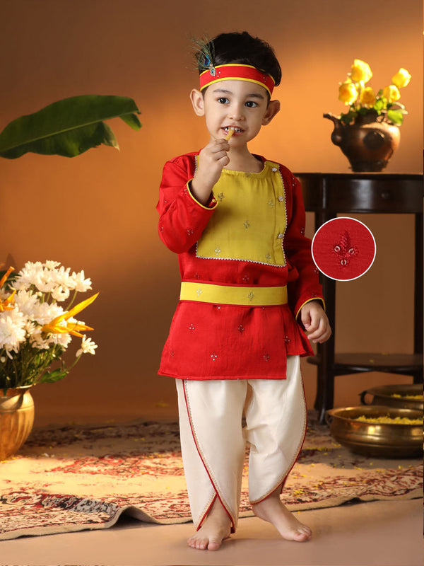 Jashvi Infant Boys Red And Cream Silk Blend Kurta and Dhoti Set