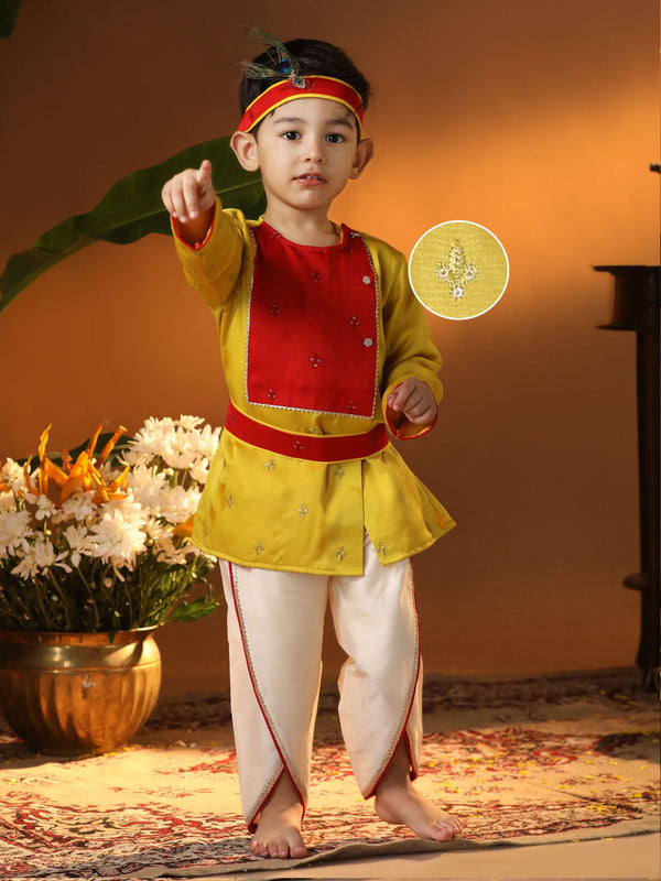 Jashvi Infant Boys Yellow And Cream Silk Blend Kurta and Dhoti Set