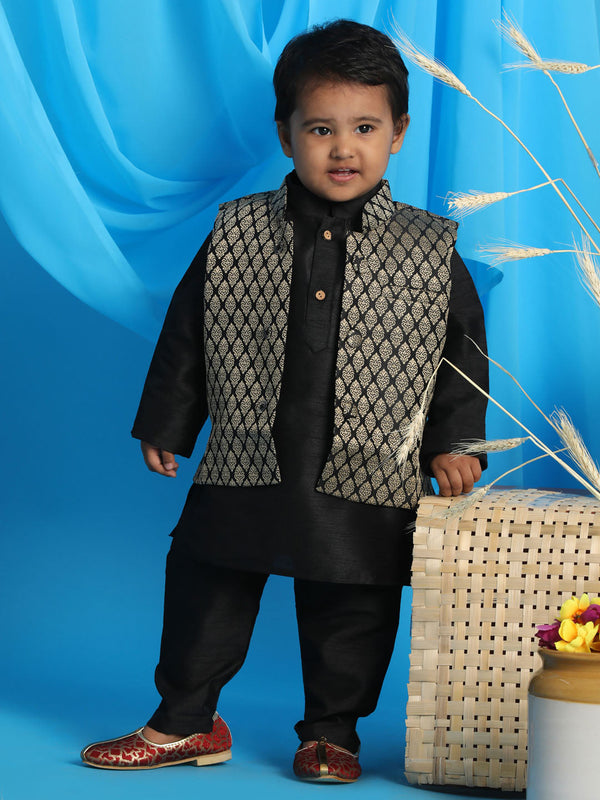 Jashvi Boy's Black Woven Design Slim Fit Nehru Jacket And Black Kurta Pyjama Set