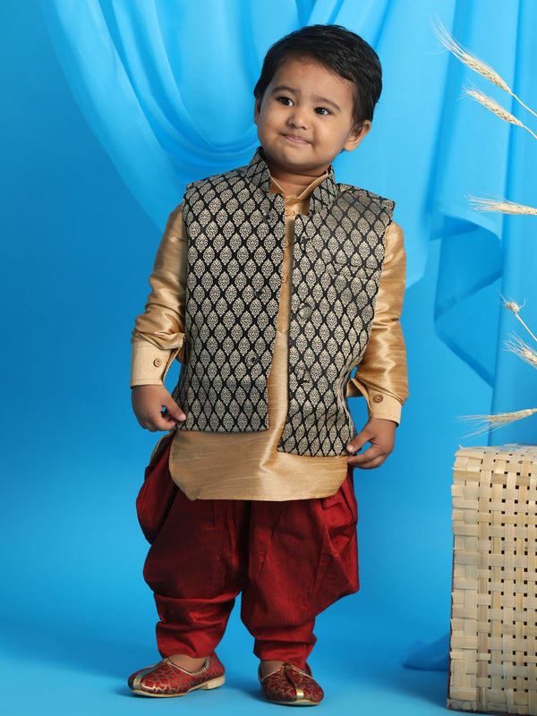 Jashvi SISHU Boy's Black Woven Design Slim Fit Nehru Jacket And Rose Gold Kurta With Maroon Dhoti Set