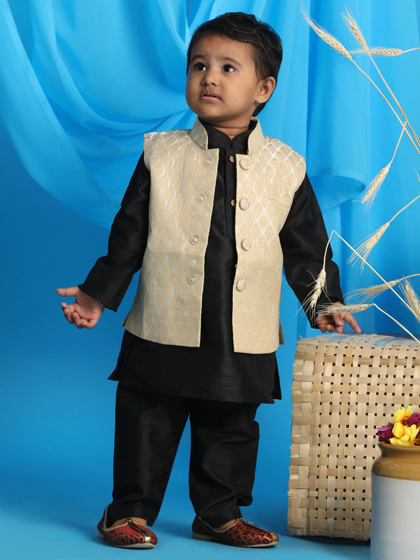 Jashvi Boy's Cream Woven Design Slim Fit Nehru Jacket And Black Kurta Pyjama Set