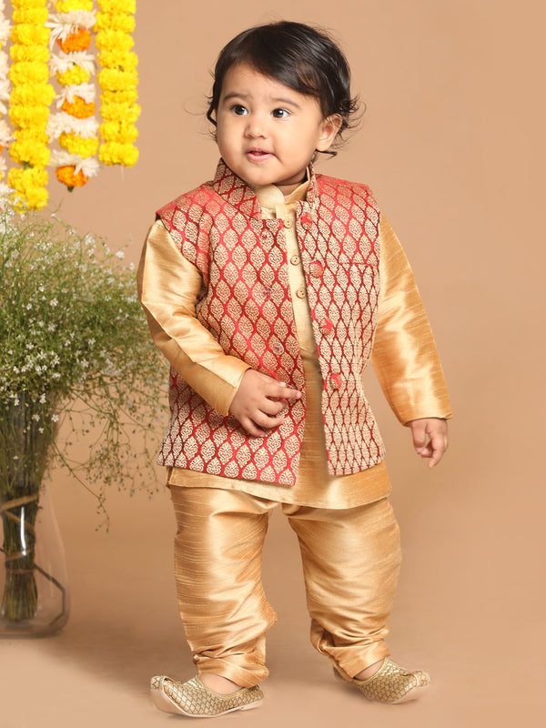 Jashvi Boys Gold-Toned & Maroon Woven Design Nehru Jackets