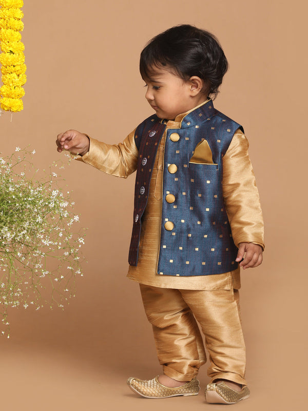 Jashvi SISHU Boy's Gold-Toned & Blue Color Woven Design Nehru Jacket