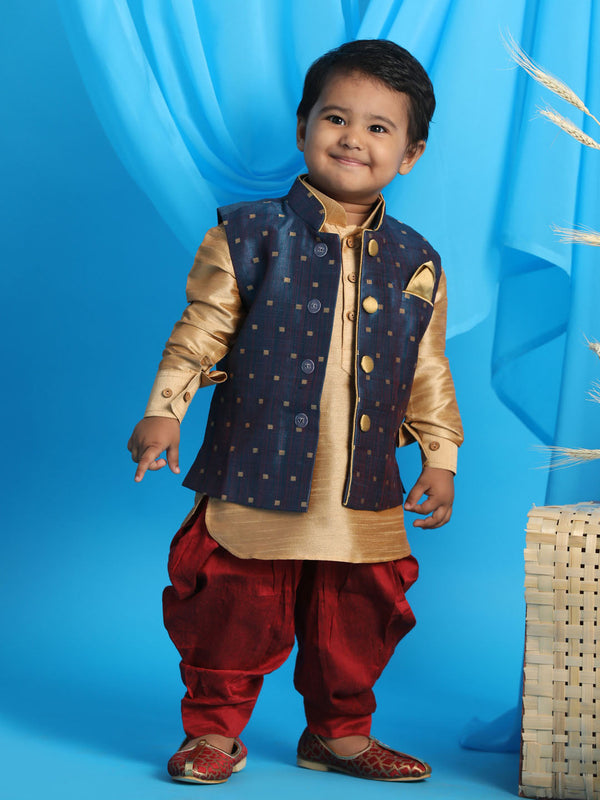 Jashvi SISHU Boy's Blue Booti Woven Design Slim Fit Nehru Jacket And Rose Gold Kurta With Maroon Dhoti Set