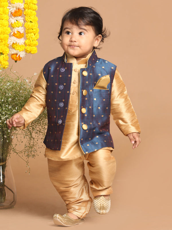 Jashvi SISHU Boy's Rose Gold Kurta Pyjama With Blue Woven Nehru Jacket