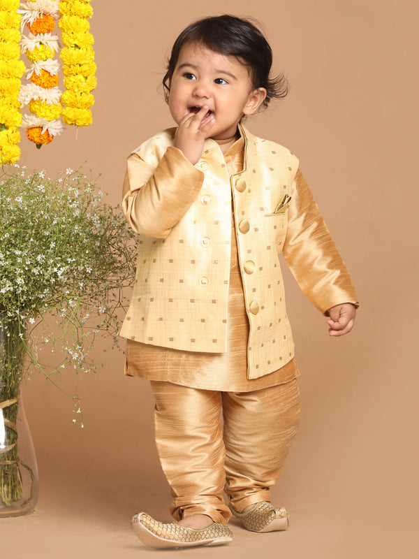 Jashvi SISHU Boy's Rose Gold Kurta And Pajama With Gold Jacket