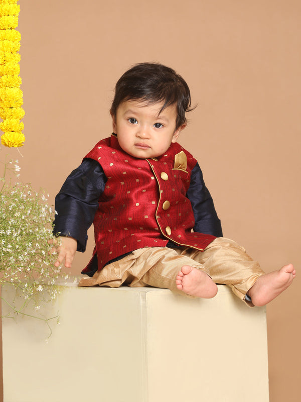 Jashvi SISHU Boy's Maroon & Gold Toned Woven Design Nehru Jacket