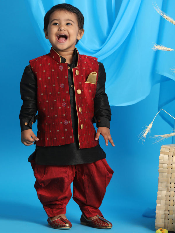 Jashvi SISHU Boy's Maroon Booti Woven Design Slim Fit Nehru Jacket And Black Kurta With Maroon Dhoti Set