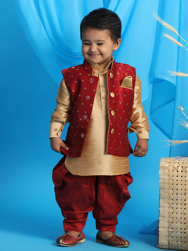 Jashvi SISHU Boy's Maroon Booti Woven Design Slim Fit Nehru Jacket And Rose Gold Kurta With Maroon Dhoti Set