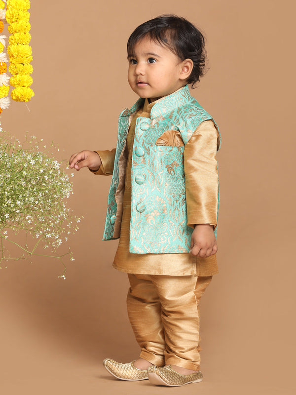 Jashvi SISHU Boy's Green & Gold-Toned Woven Design Slim-Fit Nehru Jacket