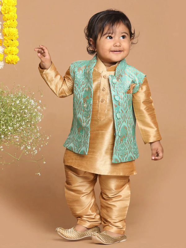 Jashvi SISHU Boy's Rose Gold & Green Kurta Set with Nehru Jacket